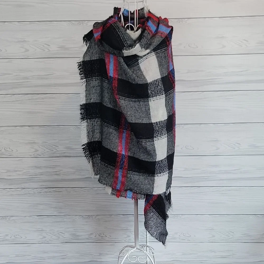 Blanket Wrap Scarf Unbranded - Black, White, Red, and Blue   80